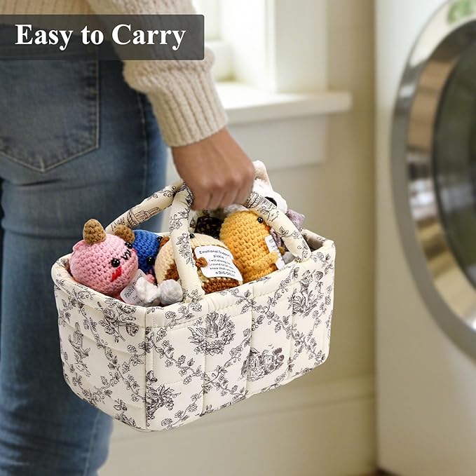 Small Storage Basket Organizer, Mini Fabric Floral Storage Baskets with Handle, Quilted Portable Collapsible Storage (Vine-Coffee)