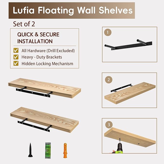 Lufia Floating Wall Shelves, Set of 2, MDF with Invisible Brackets, Modern Storage for Bedroom, Bathroom, Living Room, Kitchen (Oak, 24" W x 7" D x 1.5" H)