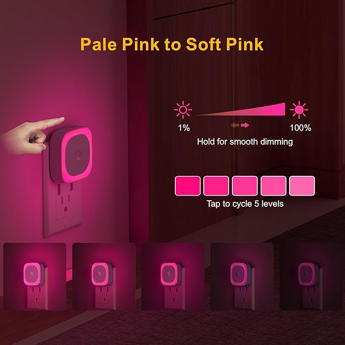 YUNLEX 2 Pack Plug in Night Light with Motion Sensor & Dusk to Dawn Sensor, Soft Pink Glow for Bedroom, Hallway, Girls Room, 3 Sensor Modes, Auto ON/Off, Dimmable Nightlight for Bathroom