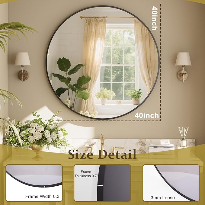 XRAMFY 40 Inch Round Mirror - Circle Mirrors for Bathroom, Entryway and Living Room Wall Decor, Modern Hanging Vanity Mirror, Matte Black Circle Decorative Wall Mirror