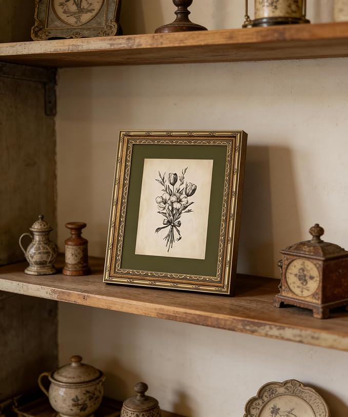 Gold Framed Wall Art Vintage Flower Sketch Wall Art Antique Sage Green Botanical Wall Decor Picture Dark Green Floral Drawing Poster Print for Bedroom Living Room 9x11in