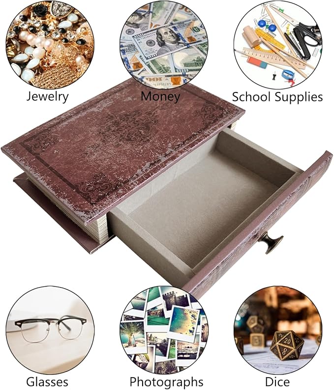 Book Storage Box with Drawer, Distressed Reddish Brown Faux Leather Cover with Classic Damask Pattern, Hidden Vintage-Style Organizer for Jewelry or Keepsakes, 11.8″ x 8.7″ x 2.4″