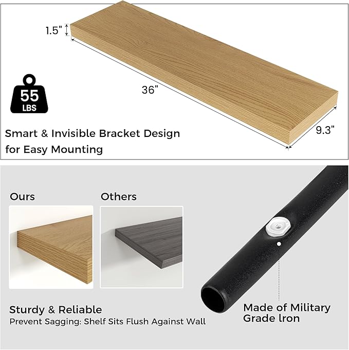Venusmiles Floating Shelves for Wall, Engineered Wood Wall Shelves with Invisible Brackets for Living Room Bedroom Bathroom Office Kitchen Decor and Storage (Oak, 36" W x 9" D x 1.5" H) Set of 2
