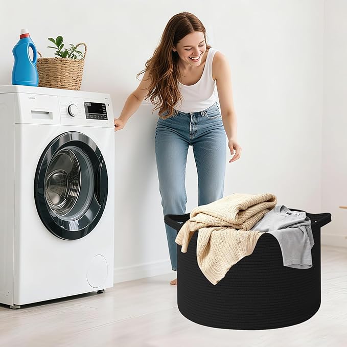 65L Large Blanket Basket,Woven Rope Laundry Basket Hamper with Handles,Decorative Nursery Basket Storage Bin for Toys, Pillows , Clothes Organizer, Living Room, Bedroom, Bathroom, Black