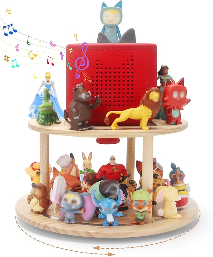 360° Rotating Storage Shelf for Toniebox1/2, 2-Tier Organizer Holder for 20~30 Tonies Figures, Wooden Magnetic Stand Display for Tonie Box Characters Tonieplay Game Controller