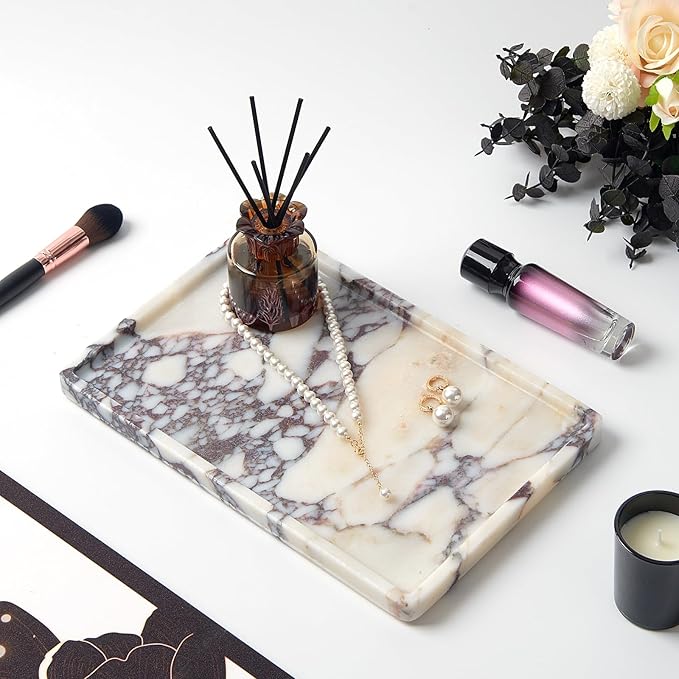 Luxury Natural Rectangle Marble Tray – 11.8 x 7.8-Inch Calacatta Viola Stone Vanity Tray, Large Catchall Organizer for Jewelry Perfume Keys, Decorative Tray for Bathroom Coffee Table & Dresser