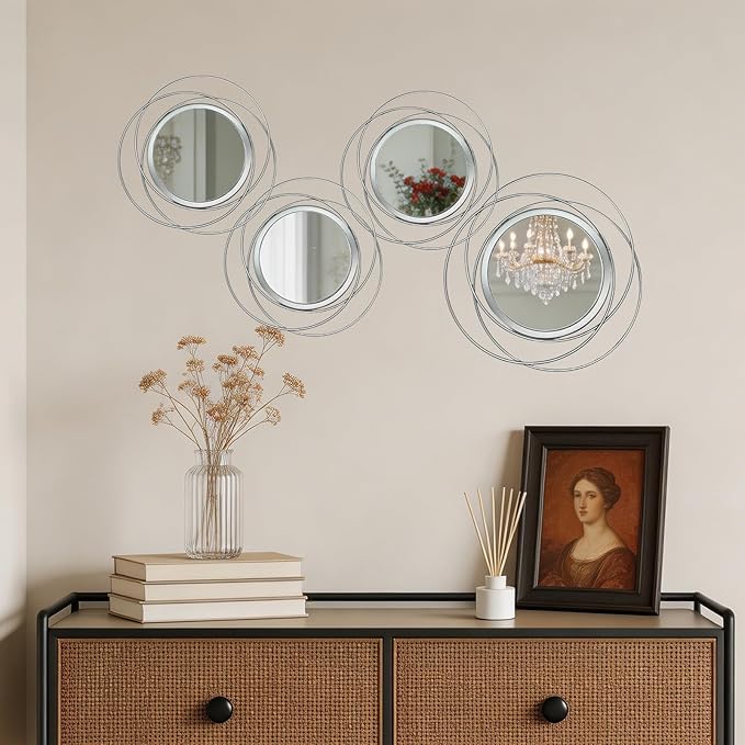 4 Piece Gold Round Wall Mirror Set Modern Metal Circle Home Decor for Living Room Bedroom Entryway 11/9 Inch Decorative Mirrors Minimalist Wall Art for Home