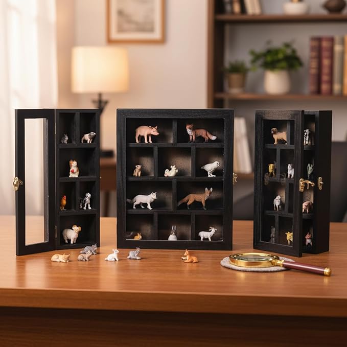 DoubleFill Set of 3 Wooden Trinket Display Shelf Shadow Box with Shelves 10 x 15 Inch Large Wall Mounted Display Storage Mini Figures Curio Trinket Medals Crafts Collections(Black,Box Shape)