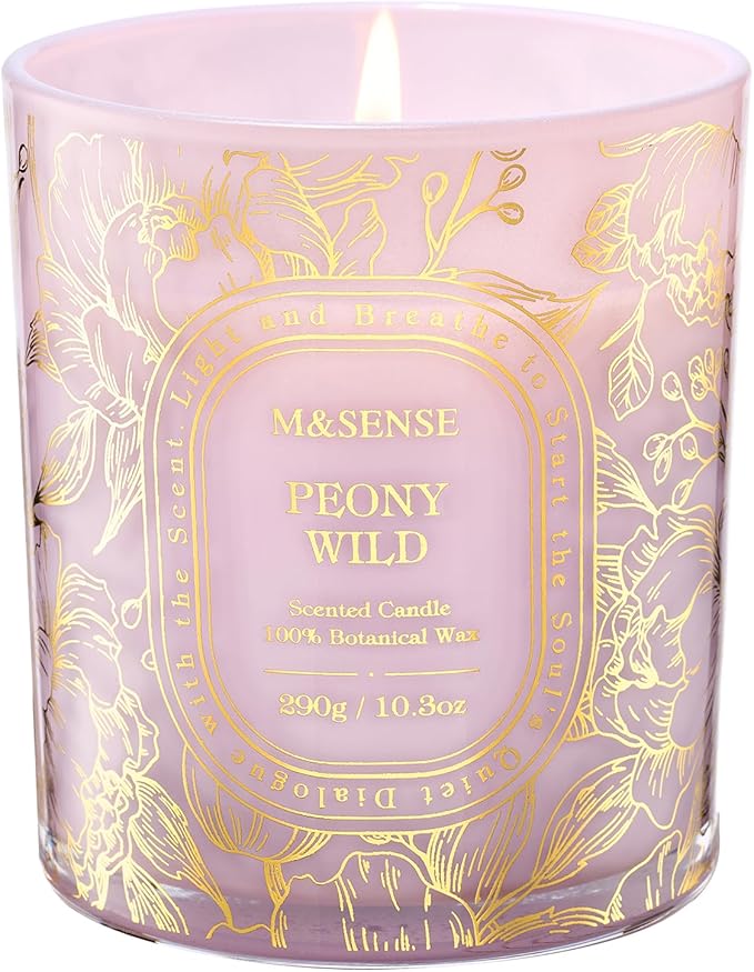 M&SENSE Wild Peony Scented Candle, Soy Wax Clean, Non-Toxic Burn, 55 Hours Long Burning 10.3oz, Elegant Romantic Floral Aroma for Home Scented Candles, Housewarming Gifts for Women