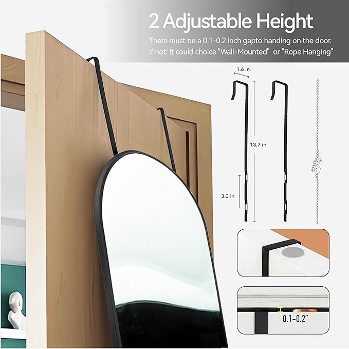 SCWF-GZ 57x16 Door Hanging Full Length Mirror, Floor Stand (Height 5.7ft just Body in1.3ft) / Wall Mounted Metal Frame Arch Dressing Mirrors for Bedroom Living Room 57 inch Black