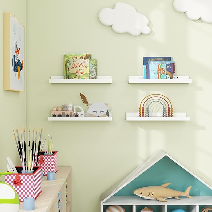 Axeman Picture Ledge Shelf | 16 Inch White Floating Shelves Set of 4 | Rustic Wood Wall Shelves with Lip | 16" Picture Shelves for Wall with Ledge | White Photo Shelves