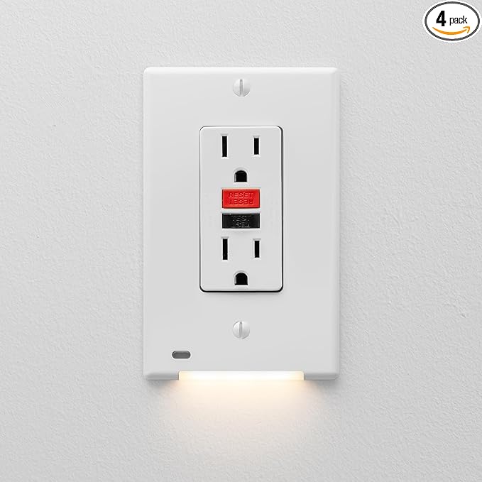 AMERELLE Universal LumiCover Outlet Cover Wallplate with Built-In Night Light, Decor, White, 4-Pack - Easy DIY Installation, Convenient Low-Profile Design, for GFCI Outlets