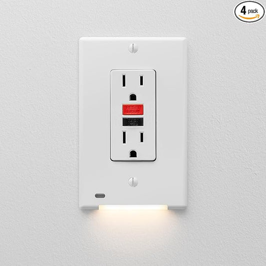 AMERELLE Universal LumiCover Outlet Cover Wallplate with Built-In Night Light, Decor, White, 4-Pack - Easy DIY Installation, Convenient Low-Profile Design, for GFCI Outlets