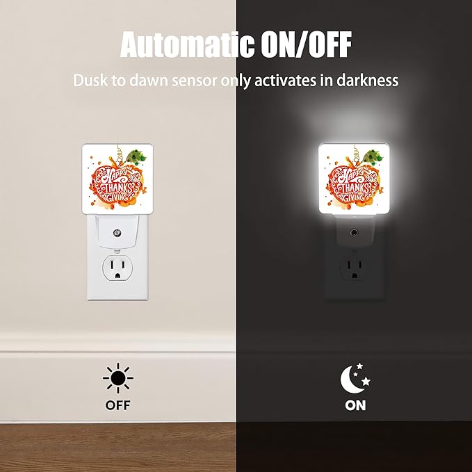 Happy Thanksgiving Night Light, Watercolor Pumpkin Plug into Wall with Dusk to Dawn Light Sensors, Warm Nightlights for Bedroom, Bathroom, Hallway, Kitchen, Gifts Ideal for Women Men