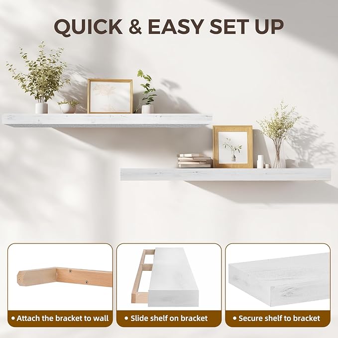 48x6.8x2in Floating Shelf – Natural White Solid Wood Rustic Mounted Shelf – Heavy Duty Decorative Storage for Living Room, Kitchen, Bathroom, Bedroom