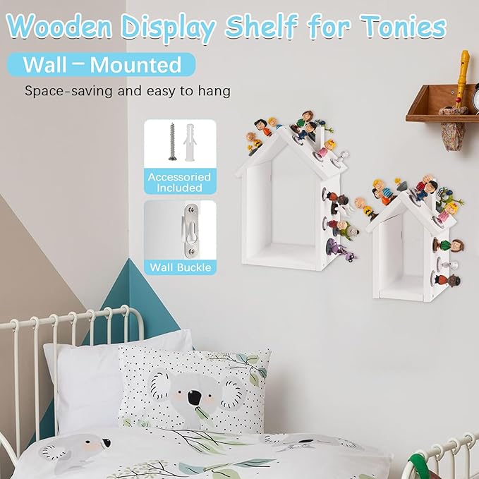for Tonies Shelf Magnetic - for Tonies Figure Organizer Kids Room, Wooden Display Shelf for Tonies Box Holder, Wall Floating Shelves Toy Storage, House Shape Set of 2 with 38Pcs Metal Plate (White)