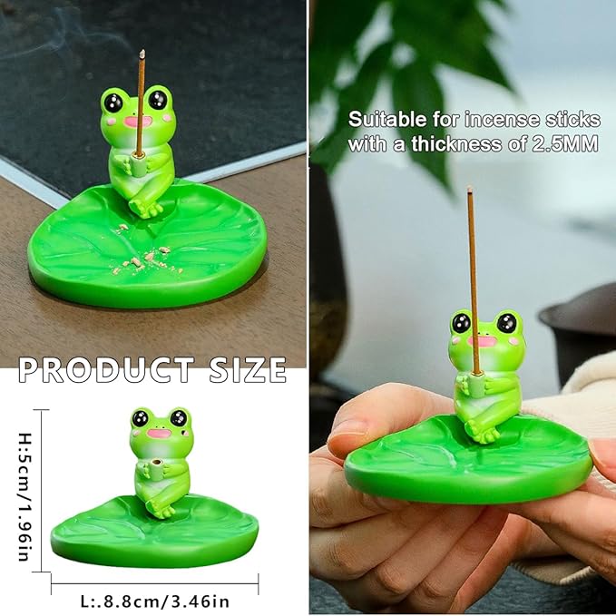 Frog Incense Holder Cute Animal Figurine Incense Burner Ash Catcher Creative Cartoon Resin Frog Green Lotus Leaf Base Statue for Home Room Decor Meditation Yoga Spa