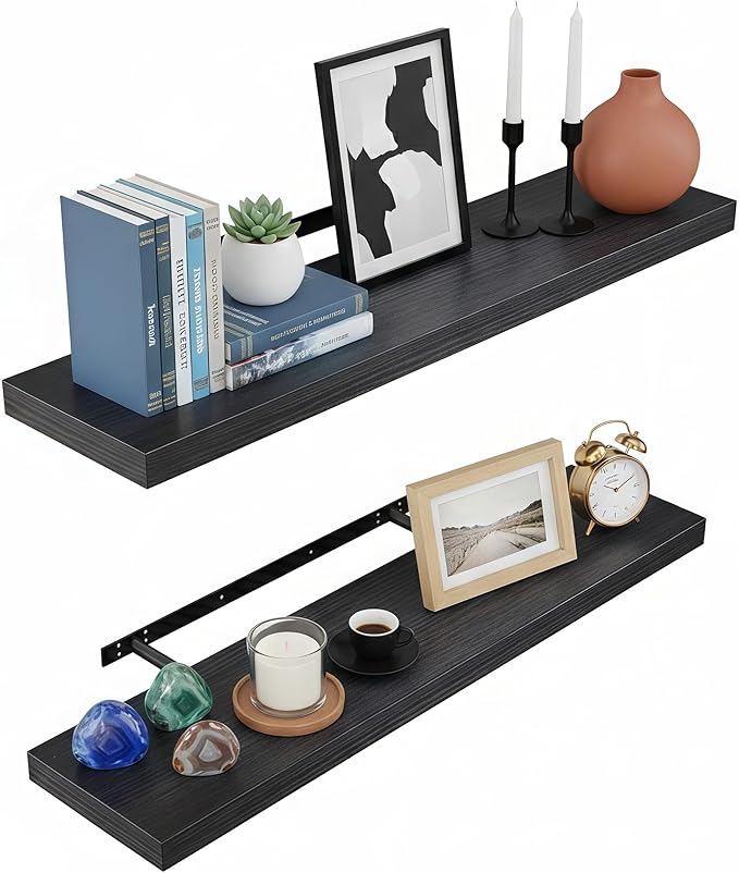 Lufia Floating Wall Shelves, Set of 2, MDF with Invisible Brackets, Modern Storage for Bedroom, Bathroom, Living Room, Kitchen (Black, 28" W x 7" D x 1.5" H)