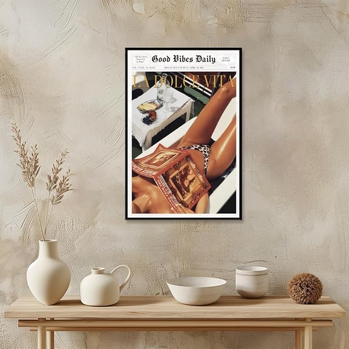 Trendy Newspaper Posters Vintage Good Vibes Daily Wall Art 60s La Dolce Vita Poster Beach Vibe Funky Aesthetic Retro Trippy Art Canvas Prints for Cool Girl Room Home Dorm Decor 12x16inch black framed