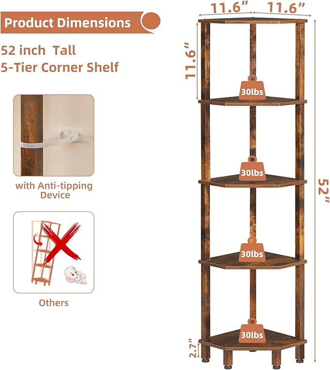 YUFAM 5-Tier Corner Shelf with Sturdy 5-Leg Base, 52in Tall Narrow Bookcase for Small Spaces, Wooden Plant Display Shelf, Thin Bookshelf for Living Room, Bedroom, Office, Brown