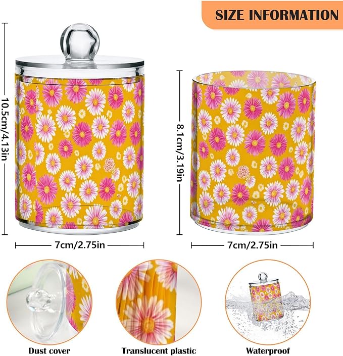 2 Pack Apothecary Jars Small Daisies in Pink Bathroom Vanity Storage Organizer Set,Small Clear Plastic Storage Jars Bathroom Canister for Cotton Swabs, Rounds, Balls, Qtips,Makeup Sponges, Flos