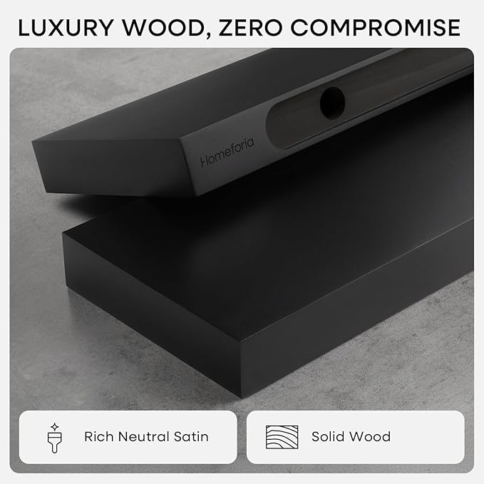 Homeforia 16 inch Black Floating Shelves, High End Solid Real Wood 16inch Bathroom Floating Shelves for Wall Mounted, 16in Wooden Small Floating Shelf, Heavy Duty Bracket, 16 X 6.5 X 1.75 in, Set of 4