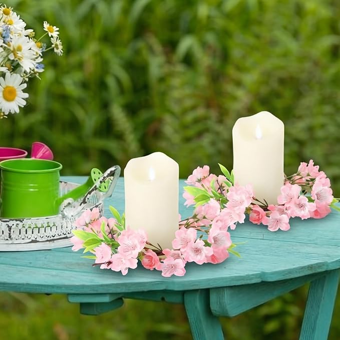 Daifunli 2 Pcs Spring Cherry Blossom Candle Ring Artificial Cherry Blossom Wreaths for Pillar 3.9 Inch Candles Holder for Spring Country Wedding Kitchen Rustic Table Centerpiece Decor