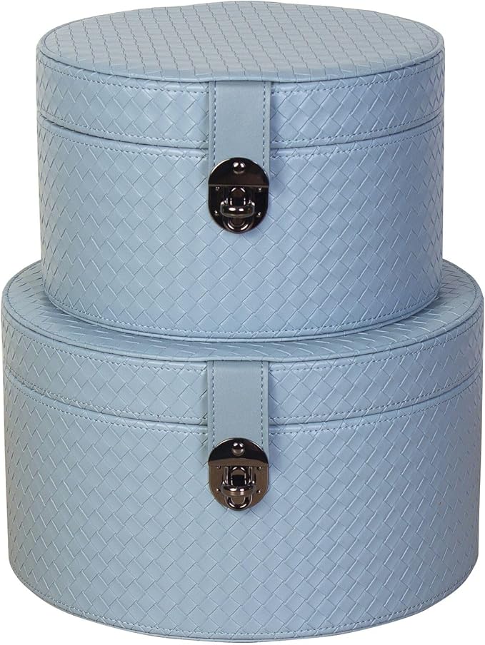 Set of 2 Round Blue Artificial Leather Decorative Boxes with Black Decorative Buckle for Home Decor