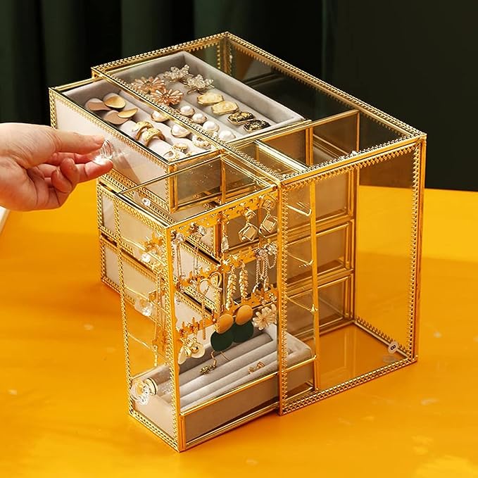 Jewelry storage box Makeup Organizers Glass Jewelry Box European Storage Case for Necklace Earring Ring Craft Containers Best Gifts for Women Jewelry Case ()