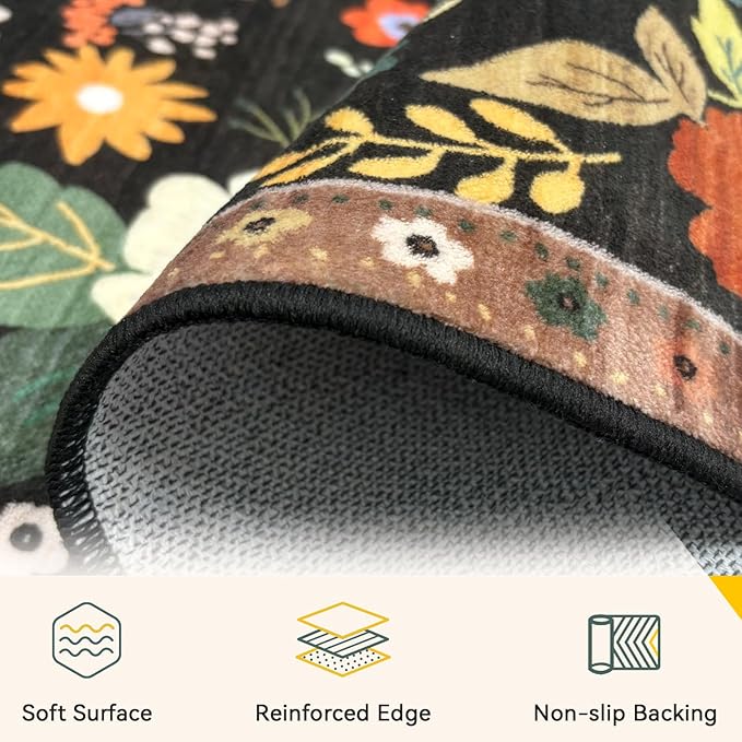 RELEANY Floral Nursery 5x7 Area Rugs Washable Print Boho Cute Carpet Non Slip Flower Low Pile for Living Room Kids Girls Playroom Bedroom Kitchen Office Farmhouse-Black/Yellow/Red