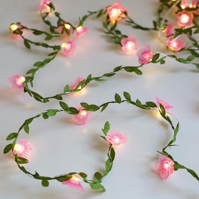 Cherry Blossom Decor Flower String Lights Vines with Fairy Lights Christmas, 30 LED Copper with Remote Control Battery Operated Pink Flower Garland Leaf for Locker, Wall,Christmas Decorations-4 Pack