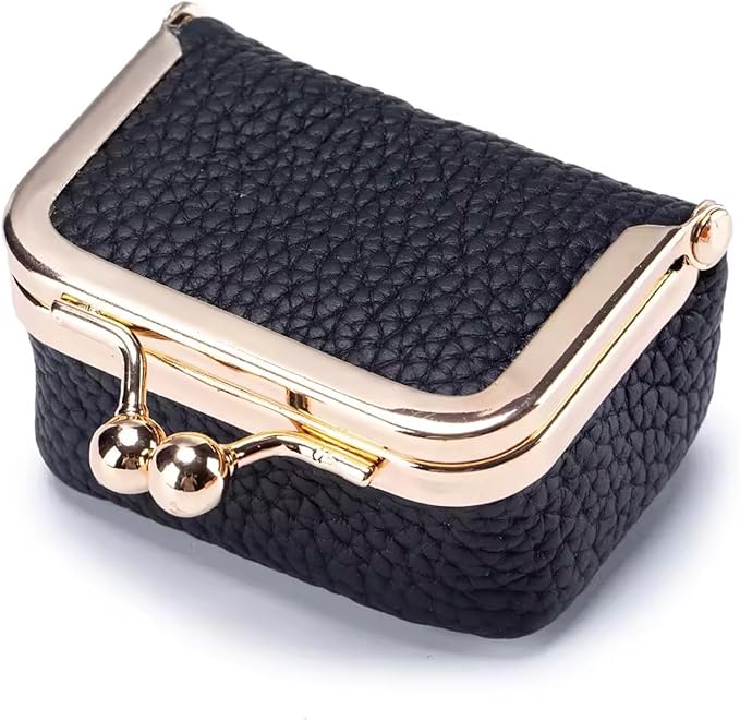 Genuine Leather Mini Jewelry Box for Women, Square Coin Purse with Kiss Lock, Jewelry Organizer Travel Case (Small, Black)