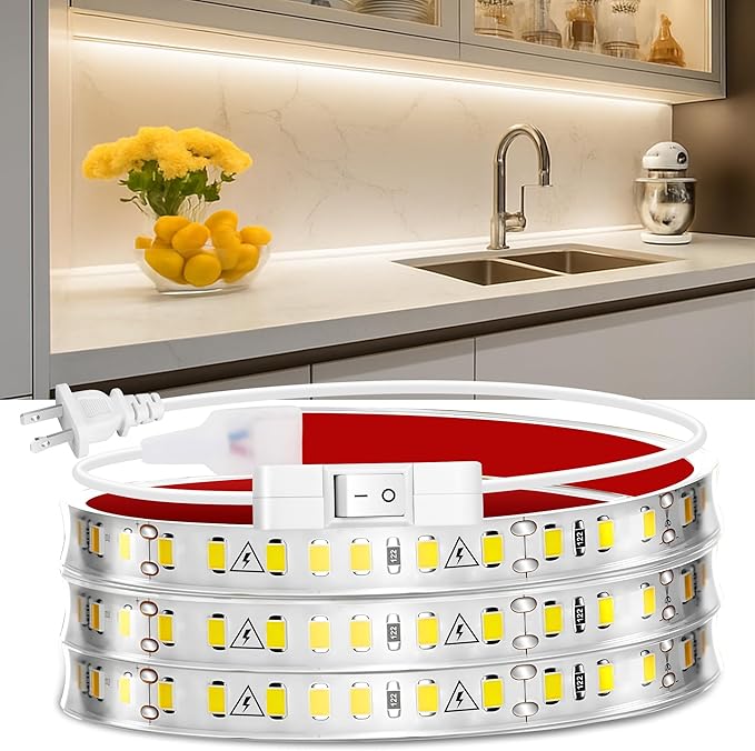 maylit Under Cabinet Strip Lighting Plug in 60in, Ultra Bright Small LED Light Bar, 2700K Warm White, Wired Lights for Kitchen Cabinet, Counter, Workbench, Desk, Closet, Shelf, Indoor