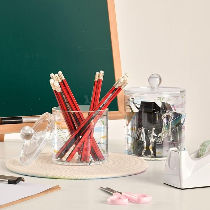 Watercolor Butterfly Flowers Soft Color Clear Plastic Makeup Organizer Storage with lid Dresser Essentials Decorative Dental floss storage jar for Cotton Swabs,Cotton Pads,Floss Picks,Paper