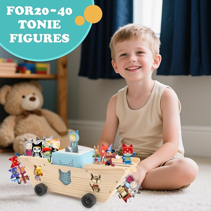 Ship for Tonies Box 1/2 Organizer Storage Shelf, Wooden Magnetic Holder for Toniebox Player Tonies Figures Characters for Children, Display Collection 20~30 Characters, Funny Little Ship