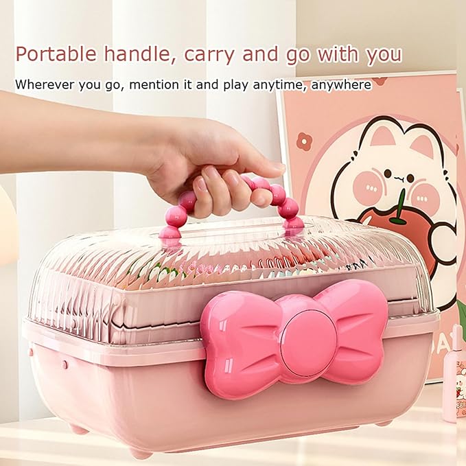 Cute Girls Hair Accessories Storage Box Bow Switch Organizer Box Jewelry Box | Kids Hair Accessories Organizer | 3 Layers Foldable Storage Box with Handle Plastic Makeup Jewelry Holder (Purple)