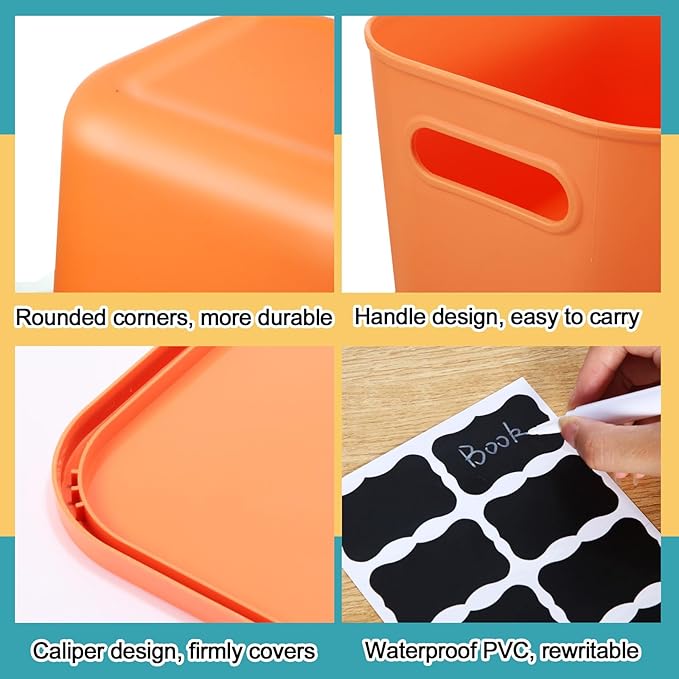 Tanlade 8 Pcs Plastic Storage Bins Stackable Baskets with Lid and Handle Colorful Desktop Storage Box Cubby Containers for Shelf Bedroom Office, Include 1 Erasable Marker, 16 Stickers (14 x 10 x 9 In)