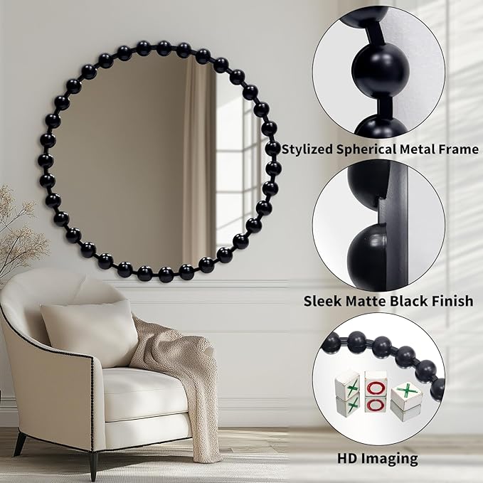 Round Black Mirror 30'', Beaded Mirror for Wall, Spherical Frame Large Circle Mirror for Bathroom, Dining Roon, Bed Room, Entryway