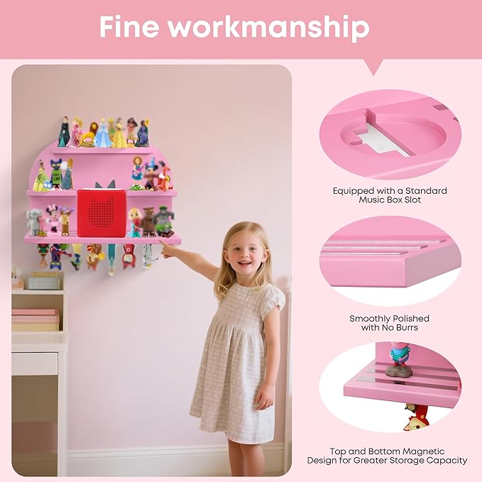 For Tonies Figures Shelf Magnetic,for Tonie box Wall Shelves,for Tonies Characters Organizer,Audio Toy Storage (Holds 45 Figurine),Compatible Charging Station for Kid's Room,Pine,Arch,Large,(Pink)
