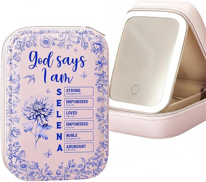 WANDERPRINT Personalized Floral Makeup Box with LED Mirror – Custom Name Birth Month Flower Jewelry Organizer, Travel Cosmetic Case Gift for Women & Girls on Christmas Birthday (Color 5)
