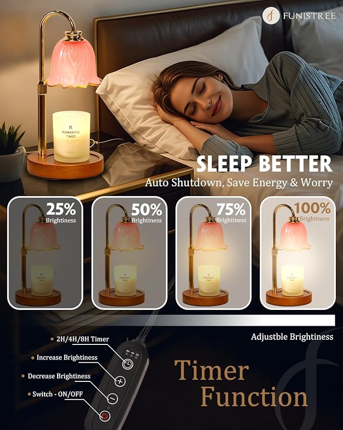 Funistree Candle Warmer Lamp, Gold Candle Lamp Warmer with Timer & Dimmer with 2 Bulbs, Birthday Gifts for Women Mom, New Home Bedroom Decor, Height Adjustable