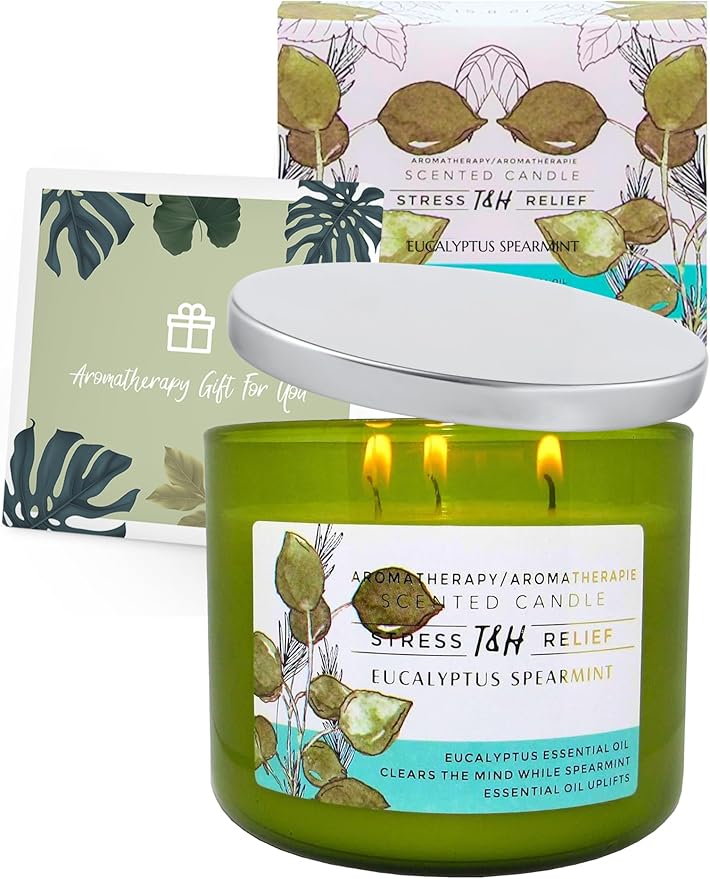 Eucalyptus Spearmint Scented Candle | 15.8 oz Large 3 Wick Soy Candle | Soothing Aromatherapy Candle for Home | Fresh Spa Scent | Long Lasting Clean Burn | Relaxation & Yoga Gift for Women & Men