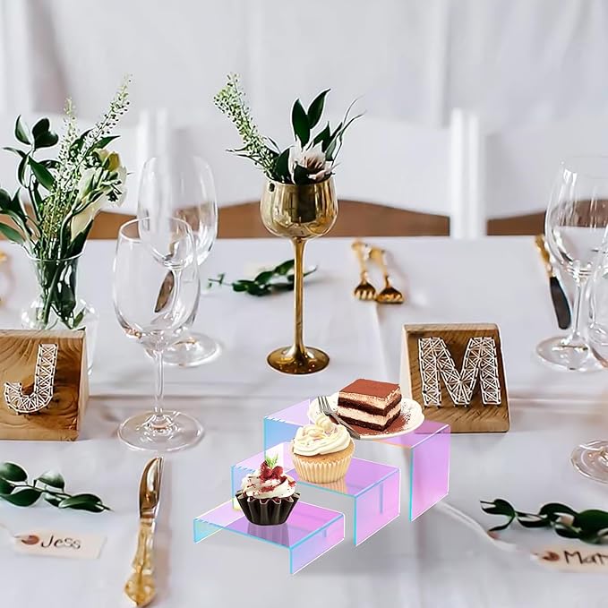 12 PCs Iridscent Risers Display Stands 3 Tiers Desktop Acrylic Shelves Small Cake Dessert Holder Products Stand for Collectibles Shoes Jewels Pop Figure (Iridescent2)