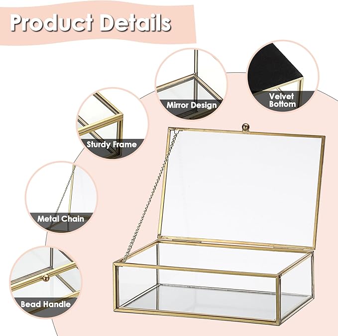 Glass Vatage Glass Box Gold Mirror Jewelry Box Lidded Keepsake Boxes Trinket Case for Ring Earring Storage Decorative Jewelry Organizer for Dresser Bathroom Office, 6.3x 4.3x 2 Inch