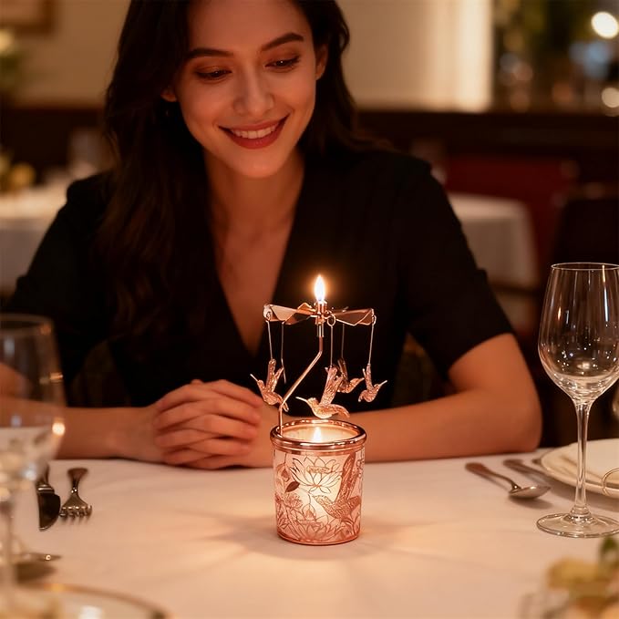 Metal Rotary Candle Holder Spinning Windmill Tea Light Carousel Decor for Home & Gifts (Rose Gold Hummingbird)