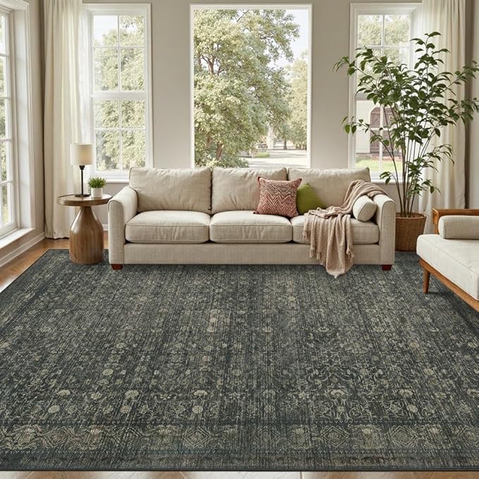 8x10 Washable Area Rug for Living Room, Extra Large,Green Vintage Floral Boho Rugs for Dining Room, Farmhouse, Durable Low Pile Non Slip Carpet for High Traffic Areas, Moss Brown