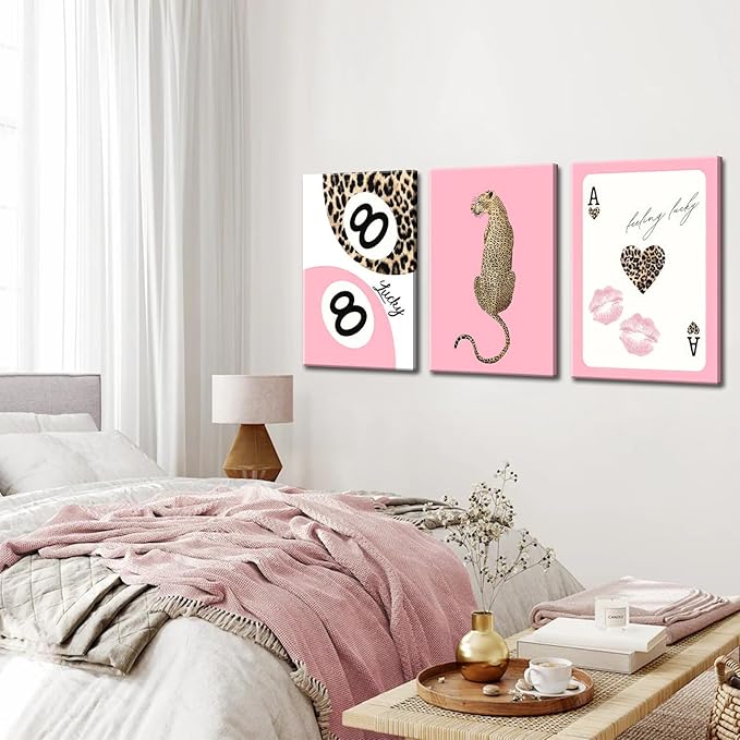Set of 3 Trendy Pink Leopard Canvas Wall Art Cheetah Lucky 8 Ball Posters Prints Preppy Cheetah Aesthetic Wall Decor Pictures for Girly Bedroom Apartment Dorm Decoration 16x24in