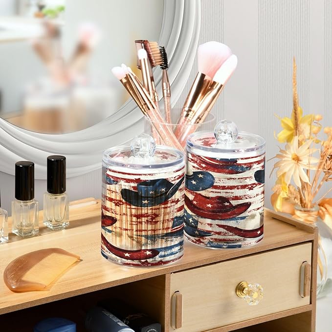 Nander 2Pack American Flag Style Cowboy Hat Qtip Holder Dispenser -Clear Plastic Apothecary Jars Set - Restroom Bathroom Makeup Organizers Containers for Cotton Swab, Ball, Pads, Floss