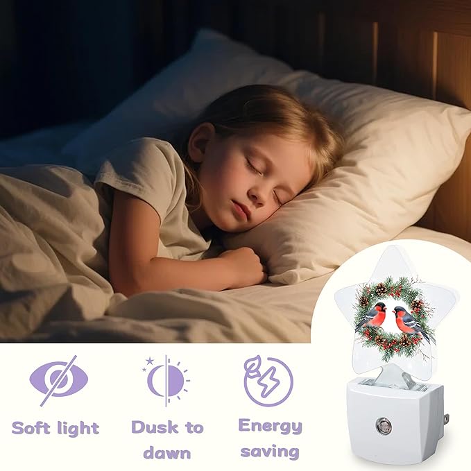 Watercolor Bullfinches Nightlights Plug in Wall,Decorative Star Lamp with Automatic Lighting for Living Space,Gentle Glow for Kids Room,Hallway,Bathroom