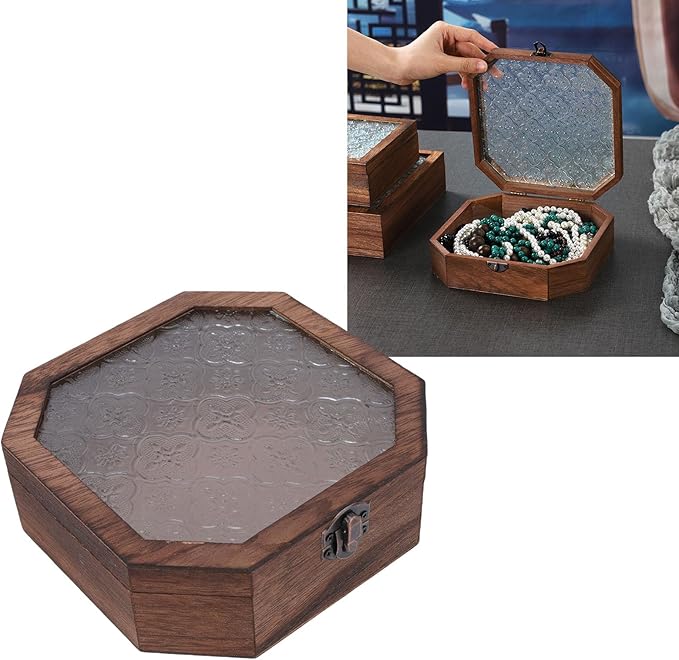 Vintage Begonia Wooden Jewelry Storage Box with Glass, Small Decorative Storage Organizer, for Makeup Cosmetics, Xmas Gifts